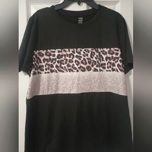 Black T-Shirt with Leopard Print Stripe